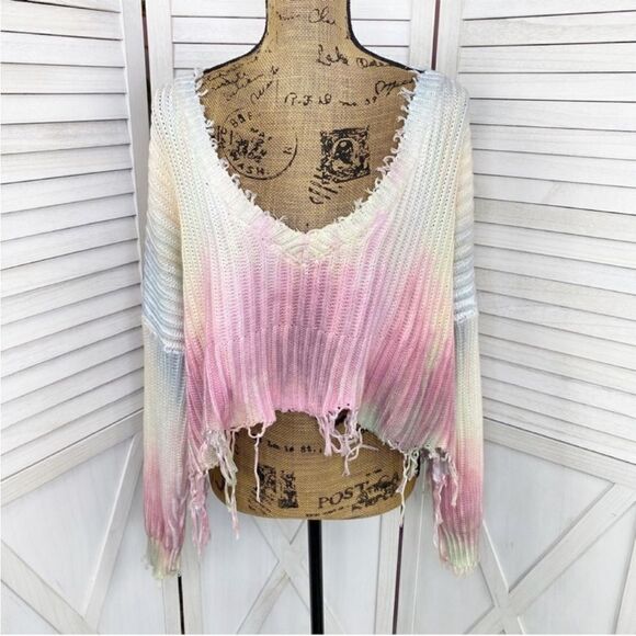 Skylar + Madison Tie Dye Distressed Crop Sweater Medium Reversible Fringe Grunge - Picture 9 of 16